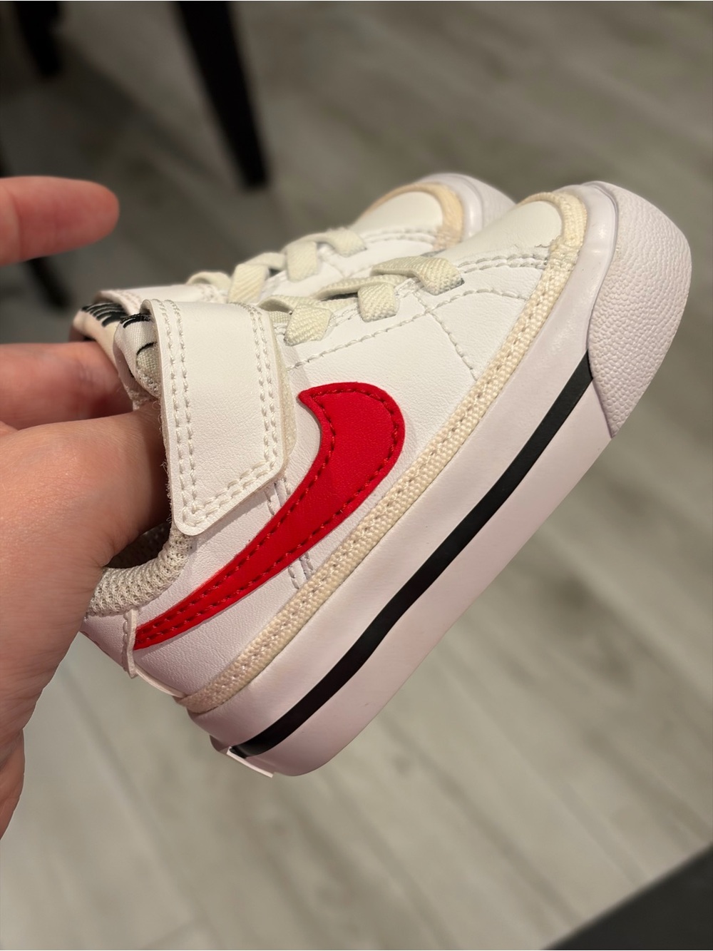 Nike Kids White Sneaker with Red Swoosh - Velcro Strap